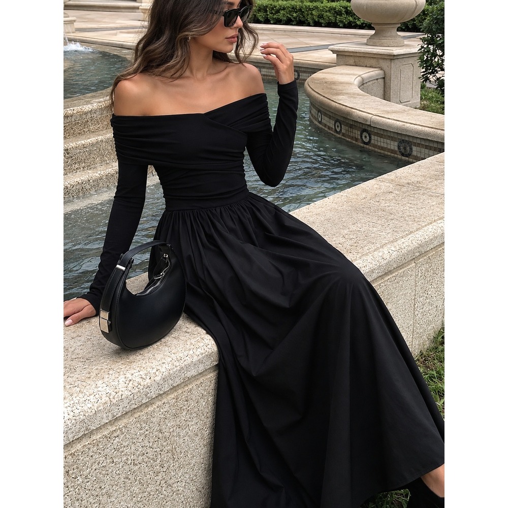 COMMENSE Black Off Shoulder Criss Cross Long Sleeve Maxi Dress XS NEW